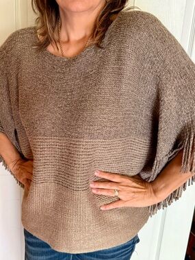Coco + Carmen Taupe Fringe Knit Poncho Sweater
